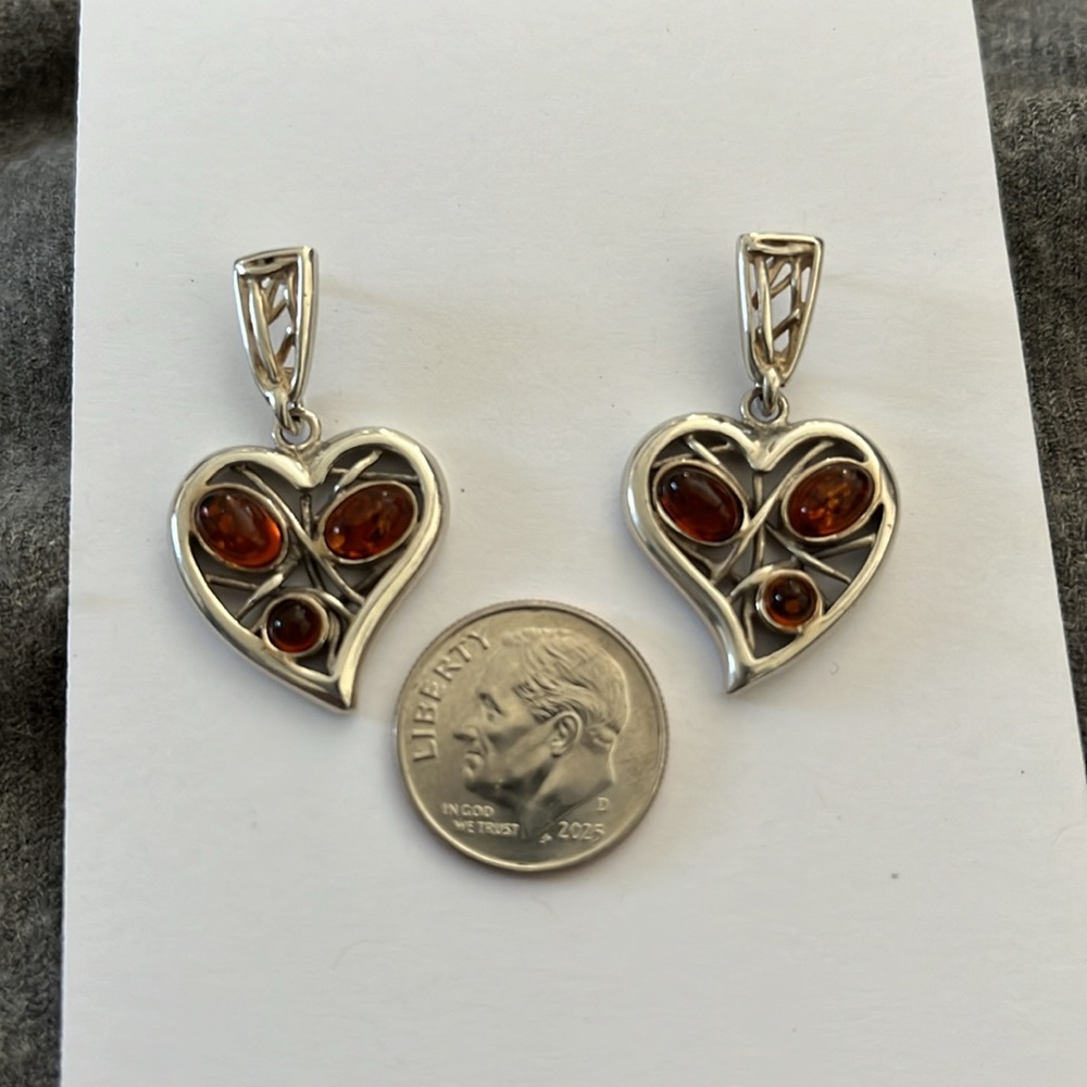 Sterling Amber Heart Earrings - Picture 2 of 6